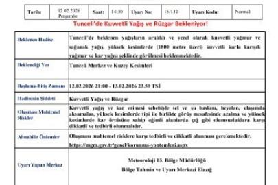 Meteorolojiden Tunceli’ye kuvvetli yağış ve rüzgar uyarısı