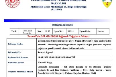 Tunceli için sağanak yağış uyarısı