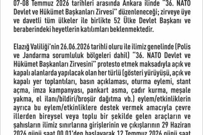 Elazığ’da 14 günlük eylem yasağı
