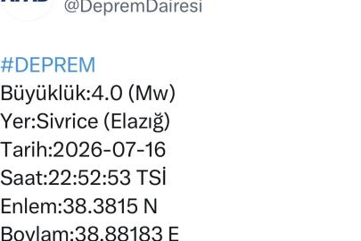 Elazığ’da 4.0 büyüklüğünde deprem