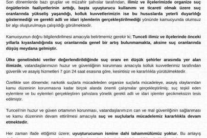 Tunceli Valiliği: "Suç oranlarında genel bir artış yok, aksine düşüş var"